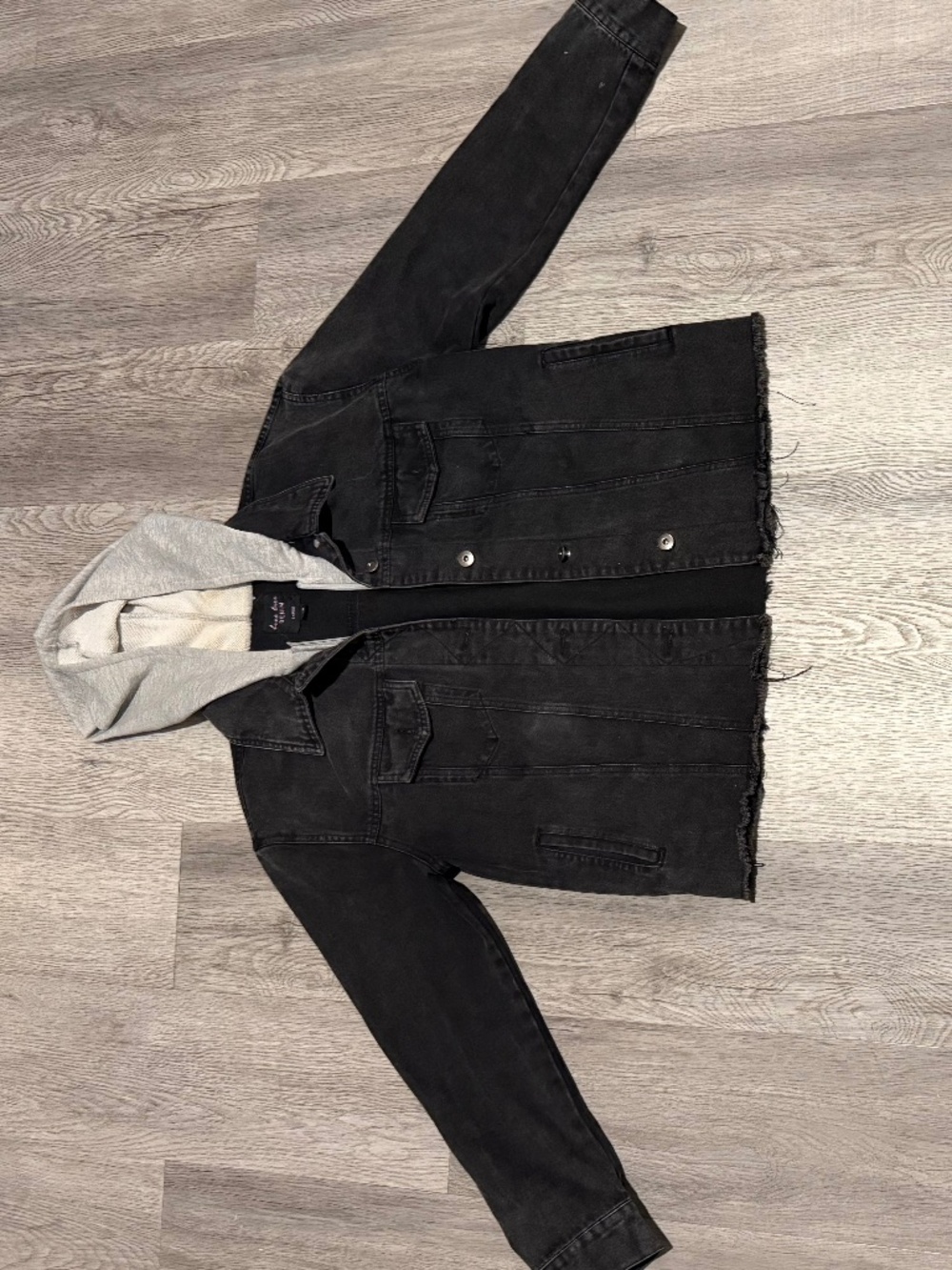 Black denim jean jacket zip up with faux grey sweatshirt Lining, Large